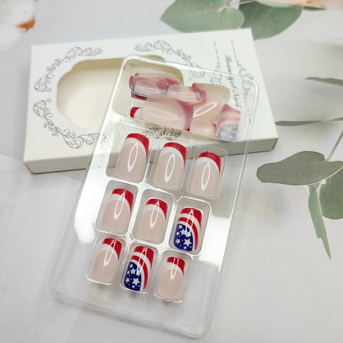 24Pcs Independence Day Press on Nails Medium French Tip Fake Nails American Flag Full Cover False Nails Patriotic Square Artificial Nails for 4th of July Glue on Nails Star Coffins Nail Decoration