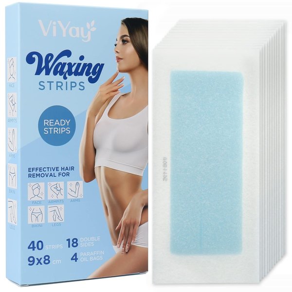 Body Wax Strips Hair Removal for Women 40 Count: Shave Waxing Strips Dual Sides & 4 Calming Oil Wipes - Face, Legs, Arms, Bikini, Chest, Hypoallergenic Brazilian Waxing Kit At Home for All Skin Types