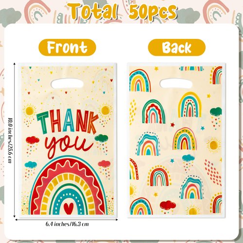 ArowlWesh Boho Rainbow Party Favor Bags - 50Pcs Plastic Retro Boho Rainbow Candy Treat Gift Bag with Handles Stars Cloud Snack Goodie Bags Wedding Birthday Party Supplies Baby Shower Decor