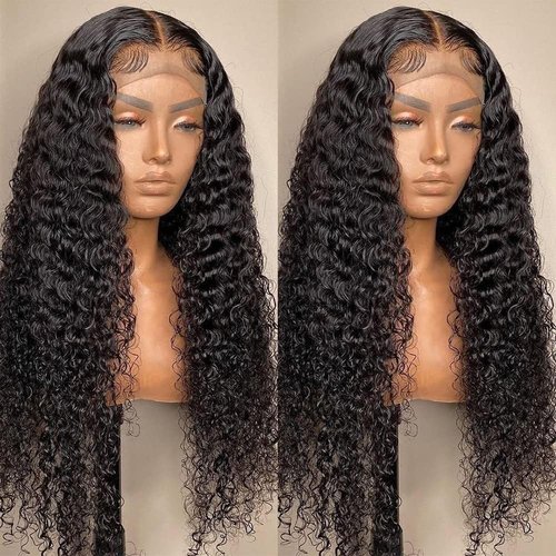USUKUSI Hair Wigs 28-Inch-Deep Wave Lace Front Wig for Black Women 4x4 HD Lace Frontal Closure Wigs Natural Color Human Hair Wigs Pre-Plucked 150% Density Glue Less Wigs Human Hair