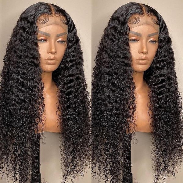 USUKUSI Hair Wigs 28-Inch-Deep Wave Lace Front Wig for Black Women 4x4 HD Lace Frontal Closure Wigs Natural Color Human Hair Wigs Pre-Plucked 150% Density Glue Less Wigs Human Hair