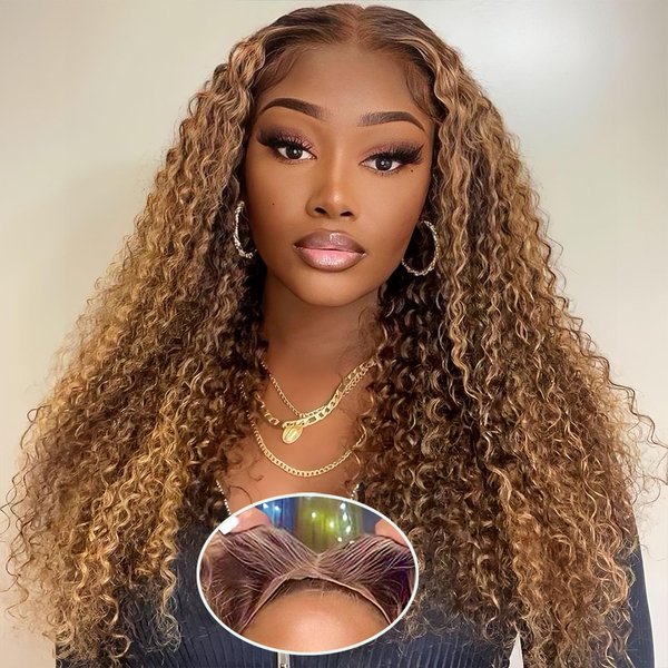 Glueless Wigs Human Hair Pre Plucked Pre Cut Wear and Go Highlight Ombre 4/27 Deep Wave Curly Wet and Wavy Lace Front Wigs for Black Women Honey Blonde 5x5 HD Lace Closure Wigs(22 Inch)