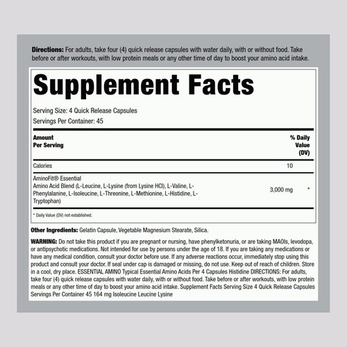 Piping Rock Amino Acid Supplement | 180 Capsules | BCAA and EAA AminoFit Complex | Non-GMO, Gluten Free | by Fitness Labs