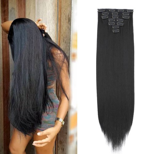 DMStarcky Clip in Hair Extensions 24 Inches Straight Hairpieces 7Pieces/Set Heat Resistant Synthetic Fiber Full Head Clip in Hair Extension for Black Women Double Weft DIY Hair Extensions(1B# Black