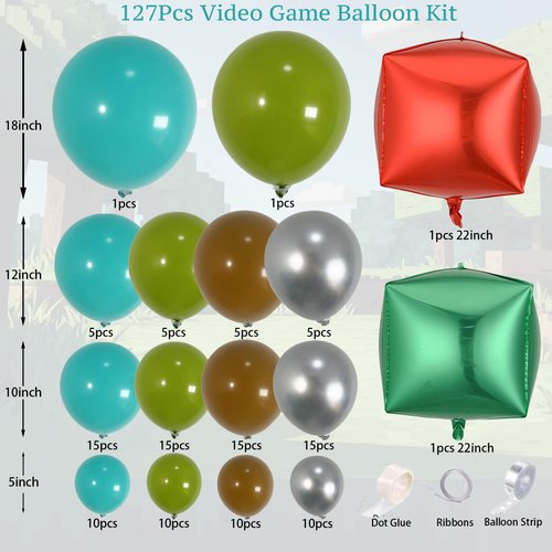 ECEAE 127Pcs Green Balloon Arch Garland Kit with Teal Blue, Brown, Metallic Silver, Square Foil Balloons, for Gaming Theme Party Decor, Birthday Party Supplies, Kids' Party Crafts and Decorations