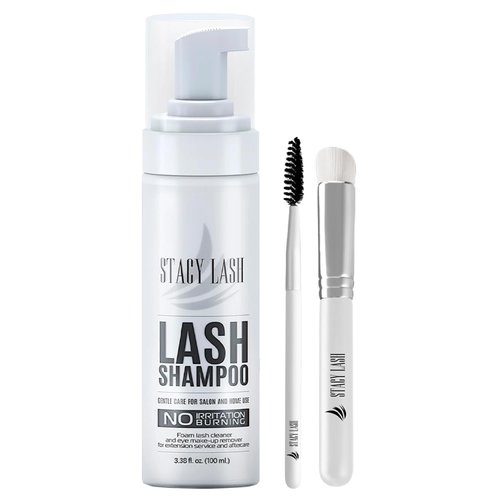 STACY LASH Eyelash Extension Shampoo + Brush /3.38 fl.oz/100ml / Eyelid & Eyebrow Foaming Cleanser/Wash for Extensions & Natural Lashes/Safe Makeup Remover/Supplies for Professional & Home Use