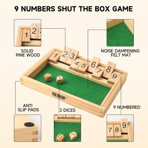 GSE Games & Sports Expert Wooden Shut The Box 9 Numbers Dice Game Board with 2 Wooden Dices, Classic Tabletop Version of The Popular English Pub Game