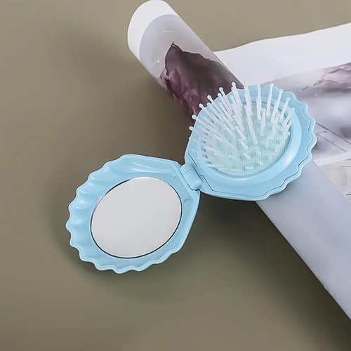 2 Pcs Shell Shape Foldable Mini Brush for Hair,Travel Brushes for Hair With Mirror,Portable Compact Hair Brush,Conch Folding Hair Brush for Women and Purse Must Haves (Blue and Pink)