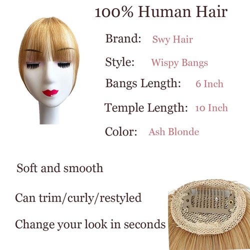 Bangs Hair Clip in Bangs 100% Real Human Hair Extensions Wispy Bangs Clip on Air Bangs for Women Hairpieces Curved Bangs for Daily Wear (Wispy Bangs, A-Ash Blonde)