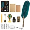 Anglekai Quill Pen and Ink Set, Calligraphy Feather Pen with Wax Seal Stamp, Ink, and Wax Seal Sticks, Replacement Nibs, Spoon, Envelope Letter Paper, White Wax, Best Gift for Birthday (Green)