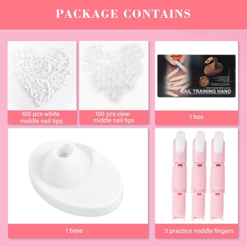 Practice Fingers for Acrylic Nails, Flexible Movable Fake Finger to Practice Fake Nails, 3PCS Adjustable Pink Nail Finger Practice with 1PC White Acrylic Finger Base, 200PCS False Nail Tips with Box