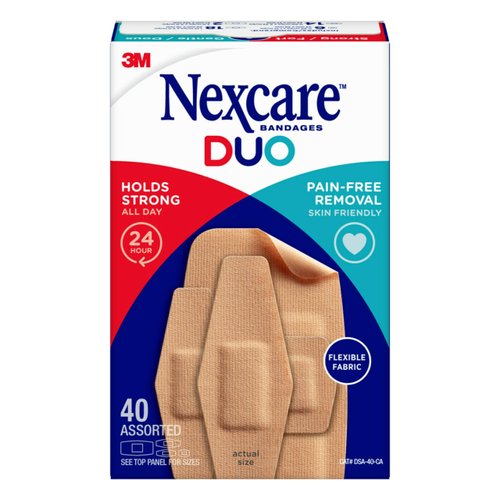 Nexcare Duo Bandages, Painless Removal, Strong Adhesive Bandages Stay on for 24 Hours, Flexible Fabric Construction - 40 Pack Assorted Adhesive Bandages