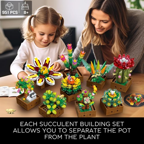 CUBIMANA 9 Succulents Plants Building Set, 951 PCS Flowers Botanical Collection Bonsai Artificial Plant Set Building Blocks Toy for Home House Decor Birthday Housewarming Gift for Adults Women Kids 8+