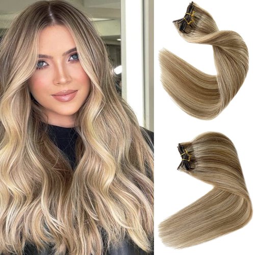 Clip in Hair Extensions Golden Blonde to Medium Blonde Hair Extensions Real Human Hair 70g 7pcs Seamless Clip in Hair Extensions 12 Inch Straight Silky Blonde Hair Extensions Clip ins