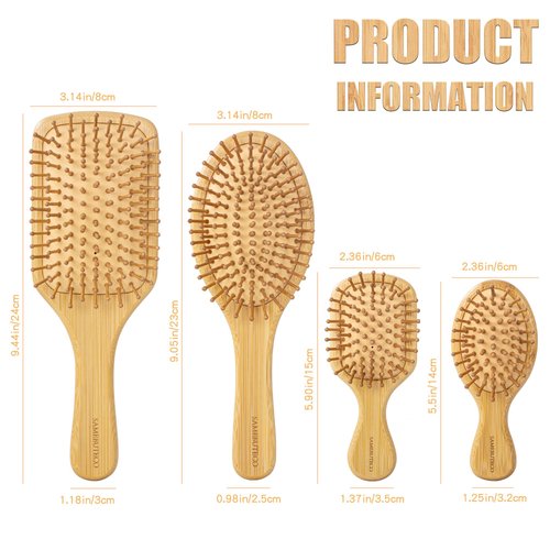 SAMEBUTECO Hair Brush Set Natural Bamboo Bristles Paddle Detangling Brushes for Thick, Thin, Curly, and Dry Hair Wooden Hair Message Brushes(4 packs)