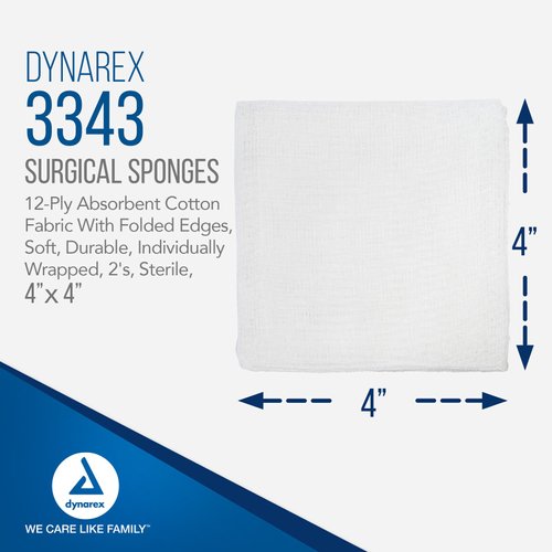 Dynarex Surgical Gauze Sponges - Absorbent Cotton Fabric with Folded Edges - Soft, Durable, Individually Wrapped Dressing - 4x4", 12-Ply, Sterile 2's - Box of 25 Pouches, 2 Sponges Per Pouch