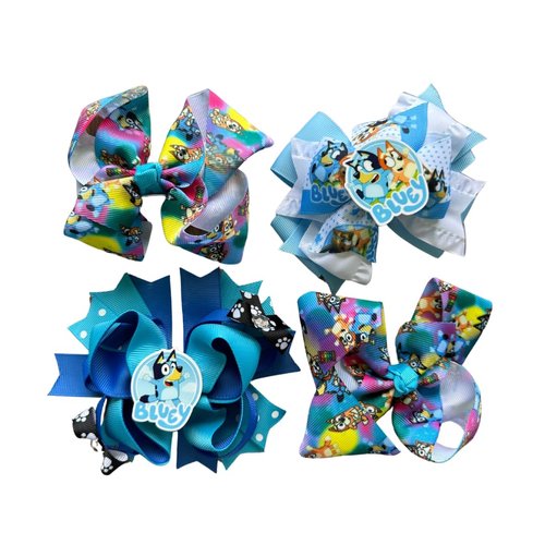4 Piece Blue Dog Cartoon Inspired Hair Bow Set/Birthday and Cosplay Bows by Inspired Bows