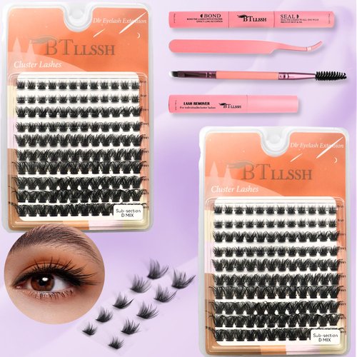 BTLLSSH Lash Extension Kit DIY 240pcs Lash Clusters Eyelash Extension Kit Individual Lashes Kit with Lash Bond & Seal Remover Lash Tweezers for Self Use (003A-0.31-0.63INCH-sub-sectionD)