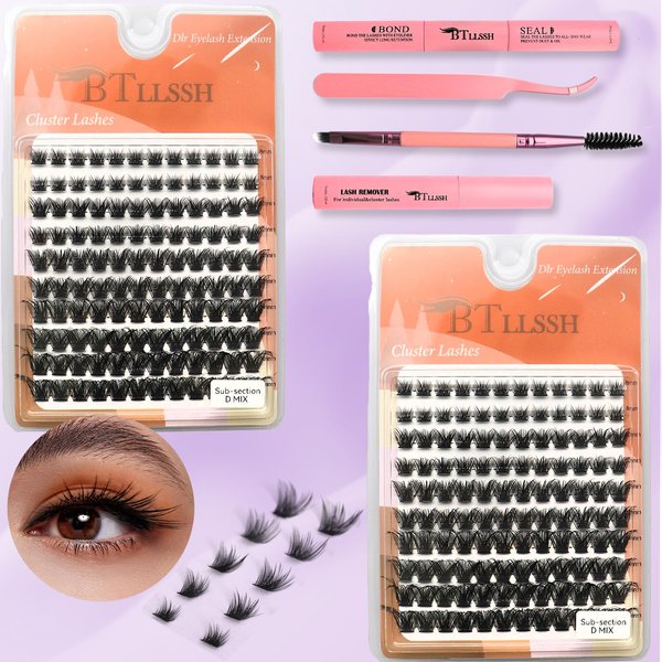 BTLLSSH Lash Extension Kit DIY 240pcs Lash Clusters Eyelash Extension Kit Individual Lashes Kit with Lash Bond & Seal Remover Lash Tweezers for Self Use (003A-0.31-0.63INCH-sub-sectionD)