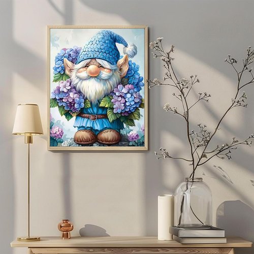 Flowers gnome Paint by Number for Adults Beginner,Hydrangea Paint by Numbers on Canvas,Blue gnome Paint by Numbers Kits with Brushes Pigment Suitable for Home Wall Decoration Without Frame 16x20 Inch