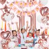 Rose Gold 11th Birthday Decorations for Girl, 11 Year Old Birthday Sign with Happy Birthday Banner, 40In Number 11 Foil Birthday Balloons, Butterfly Decorations, Heart and Star Balloons
