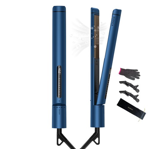 KUSNCA Professional Titanium Flat Iron, Hair Straightener and Curler Iron 2 in 1, Negative Ion Straightening, Dual Voltage Travel Pack, Front Anti-Scald Function, LCD 230°F-450°F, 1 Inch (Blue)