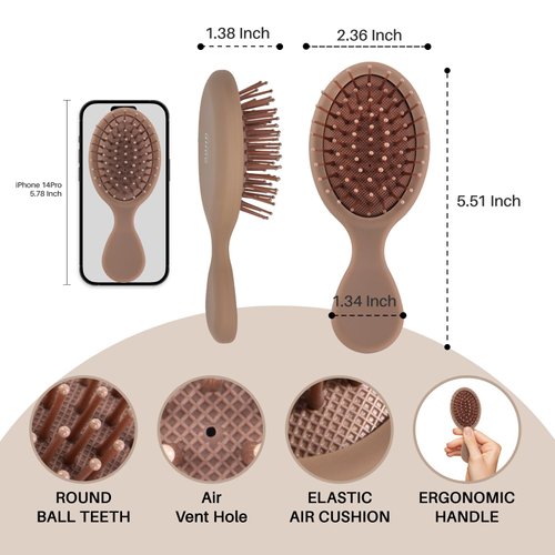 RHOS Mini Hair Brush for Women,Men and Kids-Travel Size Hair Brush for Purse,Pocket,backpack-Small Cushion Paddle Brush with Soft Bristles-Mini Detangler Brush for All Hair Types(1 Pack-Mocha)