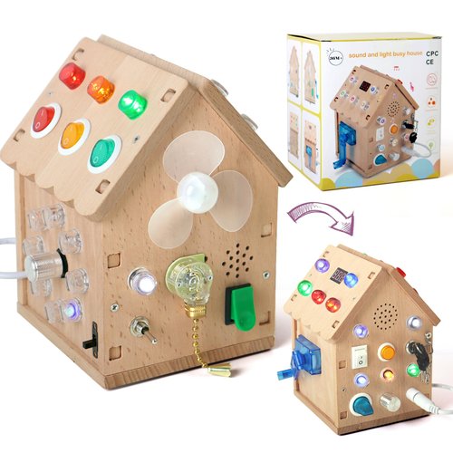 Sound and Light Busy House Wooden Montessori Busy Board, Light Switch Toys Toddler Sensory Toys Montessori Toys for 3+ Year Old Gifts for Boys and Girls