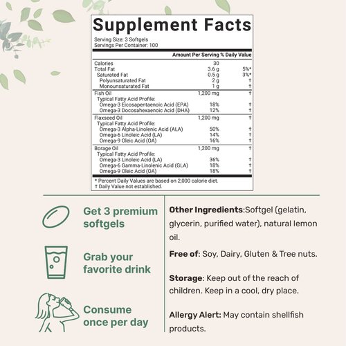 Ultra Omega 3-6-9 3600mg Perserv, 300 Burpless Softgels | Lemon Flavor – Blend of Fish, Flaxseed, Borage Oils | Bioavailable Source, Non-GMO, No Gluten, Mercury Free