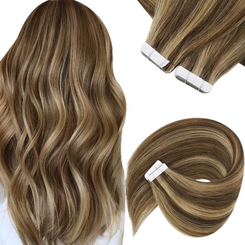 Sunny Brown Tape in Hair Extensions Human Hair Highlights Tape in Human Hair Extensions Chocolate Brown Highlights Caramel Blonde Tape ins Hair Extension Brown Highlight Hair Extensions 20pcs 50g 14