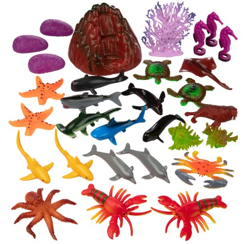 Ocean Life Sea & Animal Toy Action Figure Set - 30pc Bucket of Marine Animals Includes Turtles, Crabs, Starfishes, Seahorses, Dolphins & More - Great Bathtub Toy, Xmas Gift for Kids, Stocking Stuffer