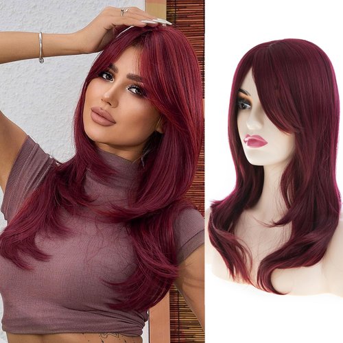 Baruisi Long Layered Wine Red Wigs for Women Natural Wavy Synthetic Heat Resistant Hair Wig for Costume and Daily Use
