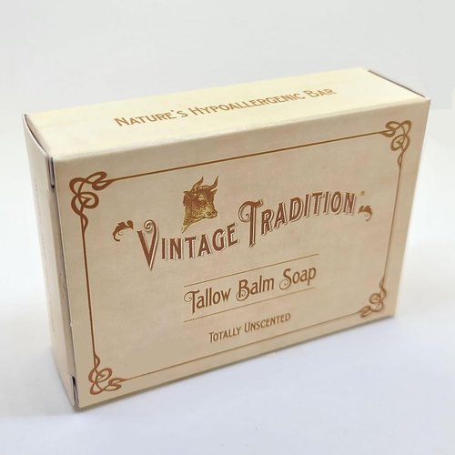 Vintage Tradition Premium Unscented Tallow Balm Soap and White Ceramic Soap Dish Bundle Gentle, All-Natural, Moisturizing Skincare for All Skin Types
