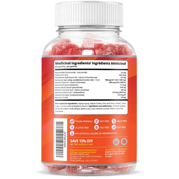 BeLive Elderberry Gummies with Vitamin C, Propolis, Echinacea. Max Strength 200MG - Sambucus Black Elder Immune Support Vitamins Supplement Made for Adults & Kids | Raspberry Flavored. 50 Count