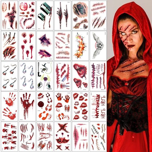30 Sheets Halloween Fake Scars Temporary Tattoo 2024 Fake Zombie Scratch Scar Wound Body Face Stickers Halloween Makeup for Adults Halloween Cosplay Party