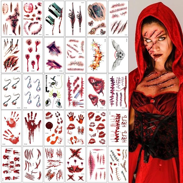 30 Sheets Halloween Fake Scars Temporary Tattoo 2024 Fake Zombie Scratch Scar Wound Body Face Stickers Halloween Makeup for Adults Halloween Cosplay Party