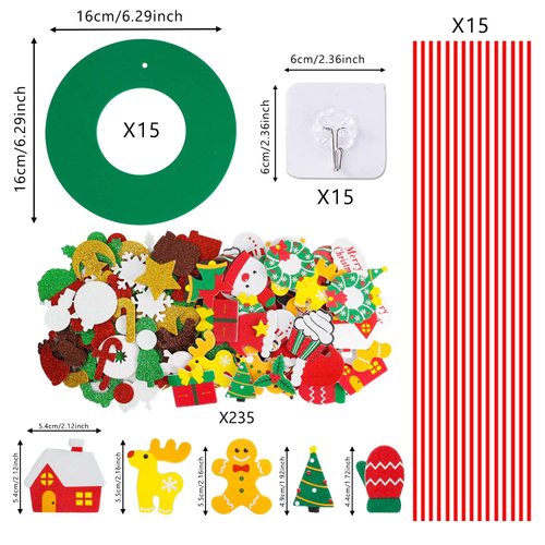 TINYFUTURE 15 Sets DIY Christmas Foam Wreath Crafts Kits Decorations Self Adhesive Xmas Sticker Santa Holly Leaf for Kids Party Favors Fun Classroom Home Activities