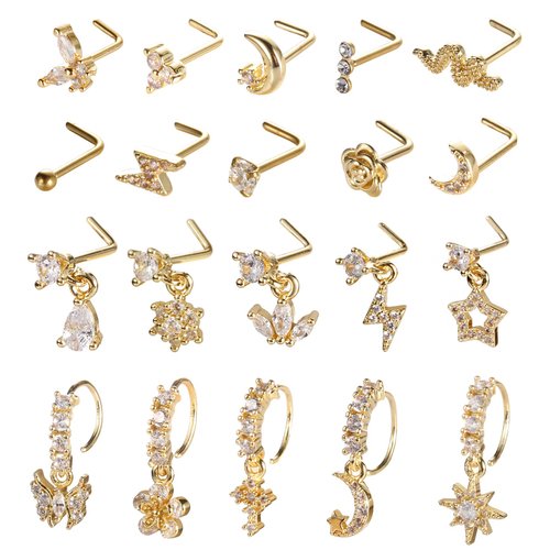 SAMOCO 20Pcs 20G Dangle Nose Ring L Shaped Dangling Stud for Women, CZ Flower Stainless Steel Studs Hoops Nose Piercing Jewelry(Gold)