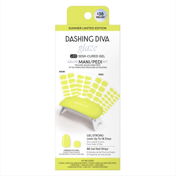 Dashing Diva Glaze Mani Pedi Kit​ - The Limone Glaze - Comes with LED Nail Lamp - Long Lasting, Semicured Gel Nail Strips for Toes & Hands