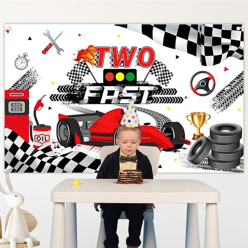Avezano Two Fast Birthday Banner, Racing Car Theme Bday Party Decorations, Red Car Second Birthday Background for Kids Birthday Party Supplies