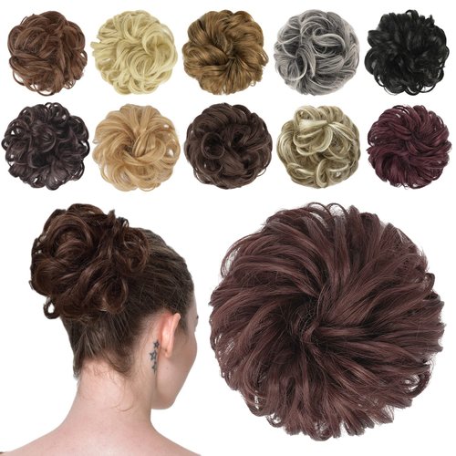 FESHFEN Messy Bun Hair Piece Hair Bun Scrunchies Dark Auburn Synthetic Wavy Chignon Ponytail Hair Extensions Thick Updo Hairpieces for Women Girls 1PCS