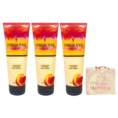 Bath & Body Works Sparkling Peach Sangria 3 Pack Body Cream Bundle with a Himalayan Salts Springs Bar Soap