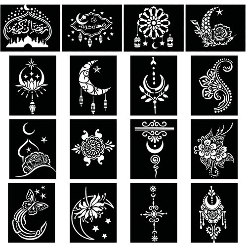 Qpout Tattoo Stencils for Kids Adults, 16 Sheets Henna Tattoo Stencil Kit, Mehndi Stencils for Hands, Henna Tattoo Stencils for Real Tattoos, Henna Stencils for Halloween Ramadan Moon Festival