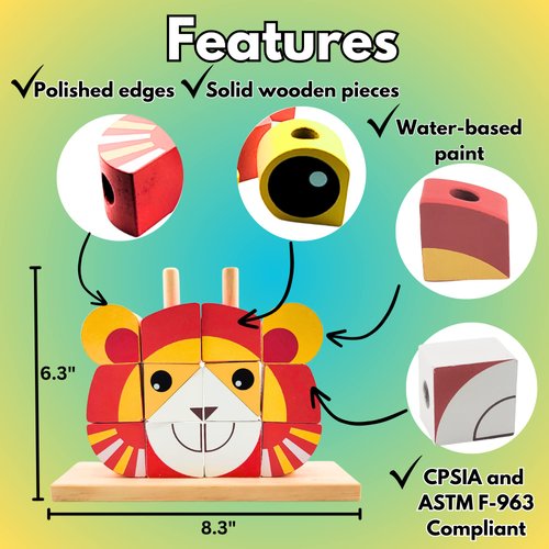 Wooden Puzzles for Kids Montessori Building Blocks - Learning Educational Preschool Toys, 3D Animal Stacking Puzzles for Toddlers 3,4, 5, 6 Year Old Boys & Girls (Lion Red)