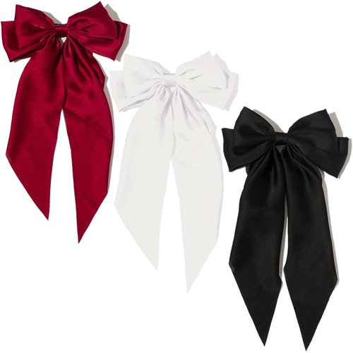 3 Pcs Silky Satin Hair Bows,Red White Black Hair Clips for Women Ponytail Holder Accessories