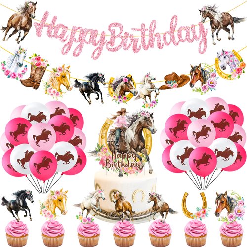 51pcs Western Cowgirl Birthday Party Decorations Horse Birthday Party Decorations Including Glitter Horse Birthday Banner, Cowgirl Balloons, Cake & Cupcake Topper for Cowgirl Birthday Party Supplies
