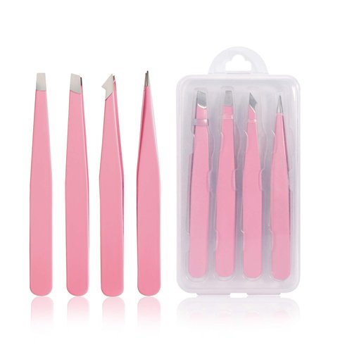 Tirdkid Tweezers Set 4-piece, Professional Stainless Steel Tweezers, Precision Tweezers for Eyebrows, Facial Hair, Ingrown Hair, Splinter, Blackhead and Tick Remover (PINK)