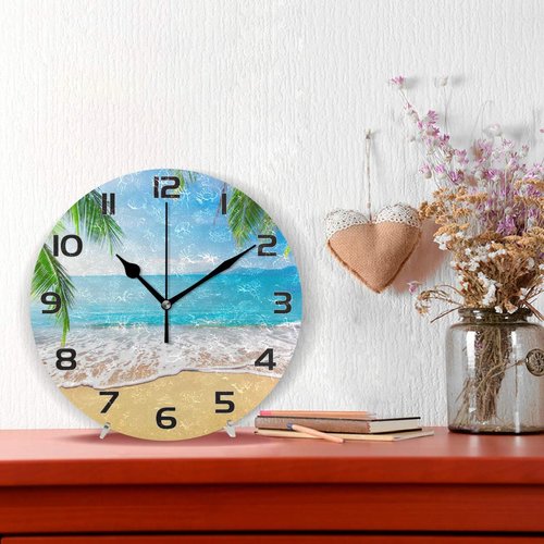 Qilmy Beautiful Palm Sea Beach Wall Clock Non Ticking Silent Art Decorative Round Clock for Living Room Kitchen Bedroom Office School