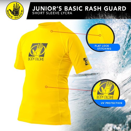 Body Glove Wetsuit Junior Basic Fitted Short Arm Rash Guard, Yellow, 6