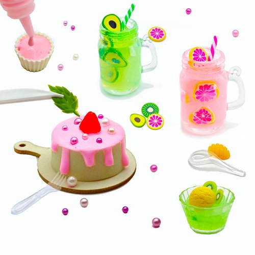 DIY Mini Food Play Toy Making Material Kit Simulation Cream Food Play Kitchen Pretend Play Food Set for Kids Aged 8+ to Make Your Food Not Edible (Cake Juice Set)